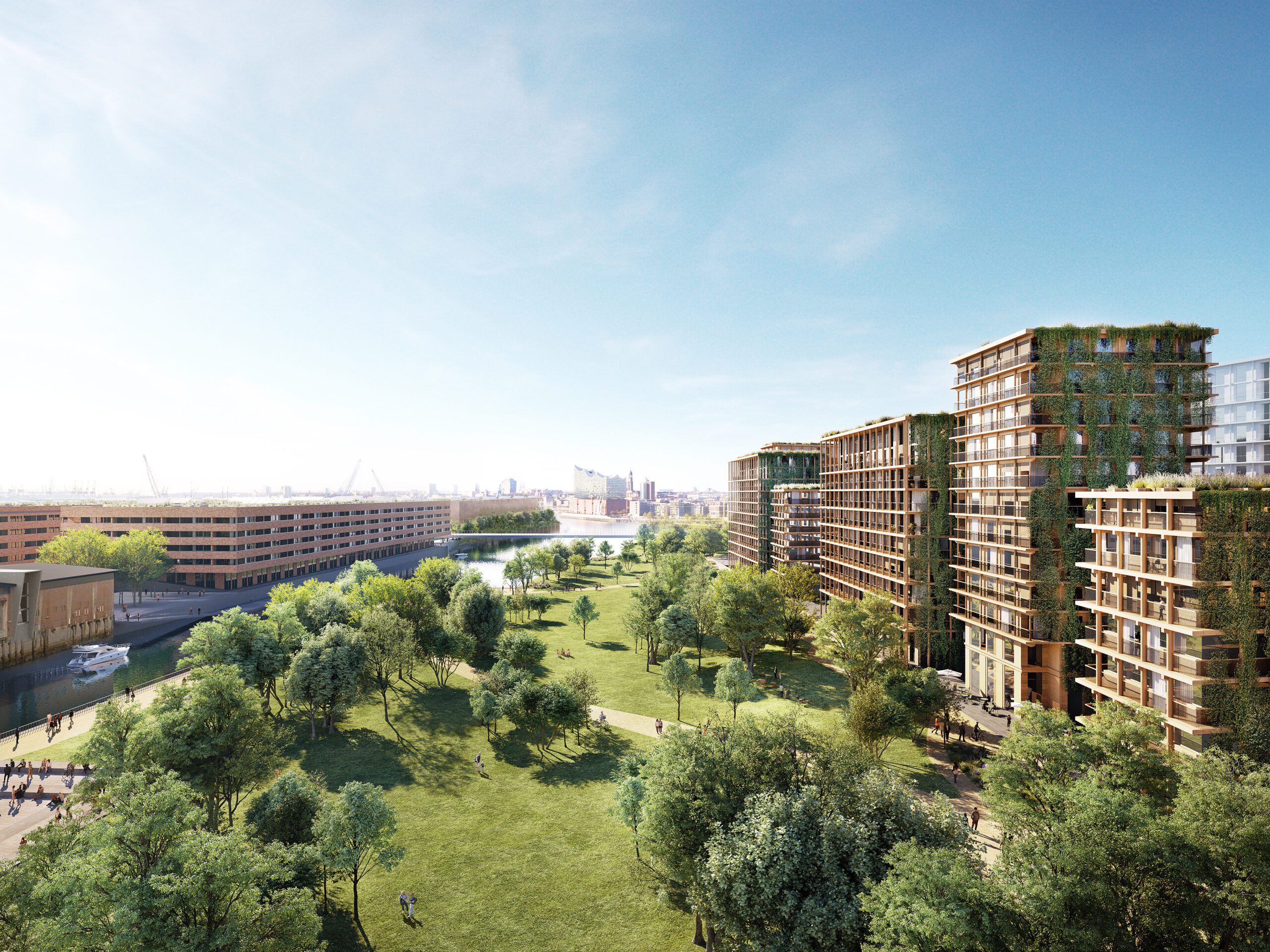 Visualisierung: Grüner Park im Grasbrook mit Holzbauten, links fließt die Elbe