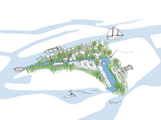 Illustration: Plan des kleinen Grasbrooks mit viel Grün und Wasser, darin Boote