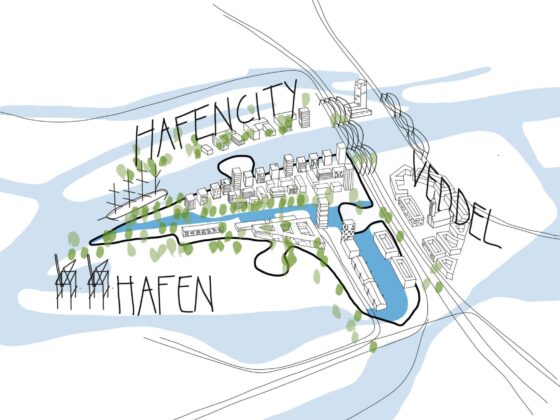 Grasbrook dargestellt als Puzzleteil zwischen HafenCity, Veddel und Hafen