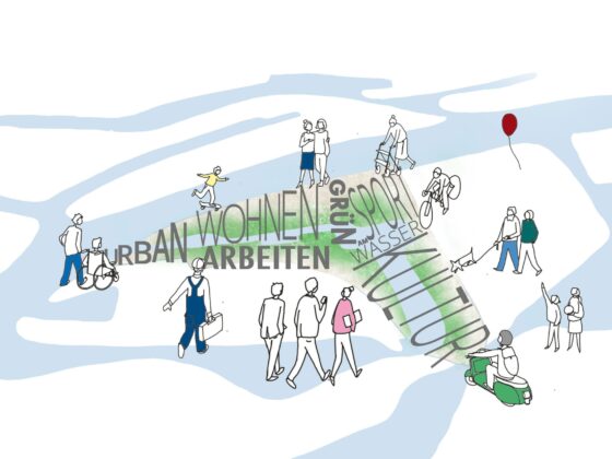 Illustration des Grasbrook-Plans mit Begriffen, umgeben von Menschen