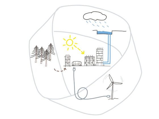 Illustration: Nutzung von erneuerbaren Energien wie Windkraft und Sonnenlicht und Regenwasser