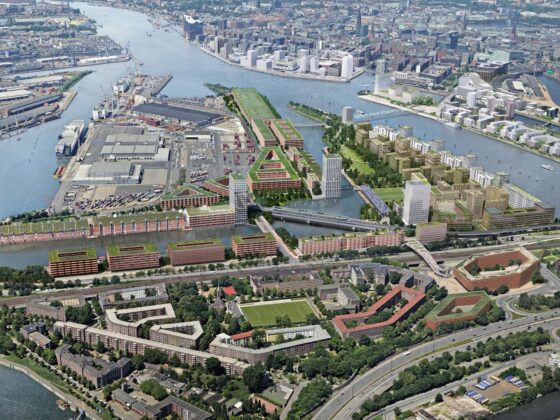 Visualisierung des neuen Stadtteils Grasbrook mit Elbe und HafenCity im Hintergrund