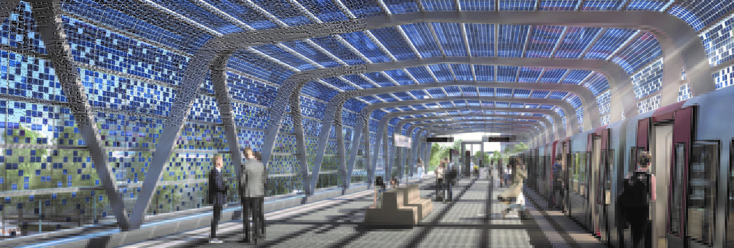 U-Bahn hält am überdachten Moldauhafen, Menschen steigen ein und aus