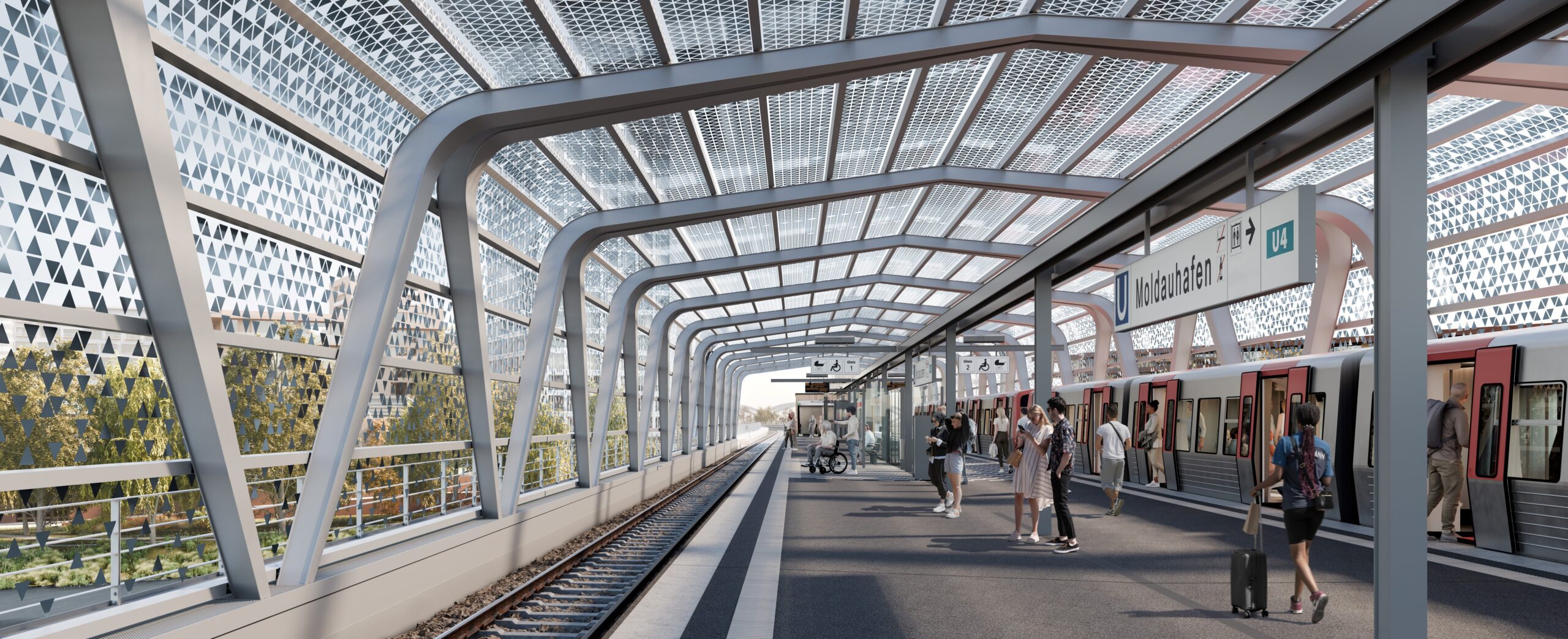 Personen warten am Bahnsteig einer modernen U-Bahnstation mit Glasdach