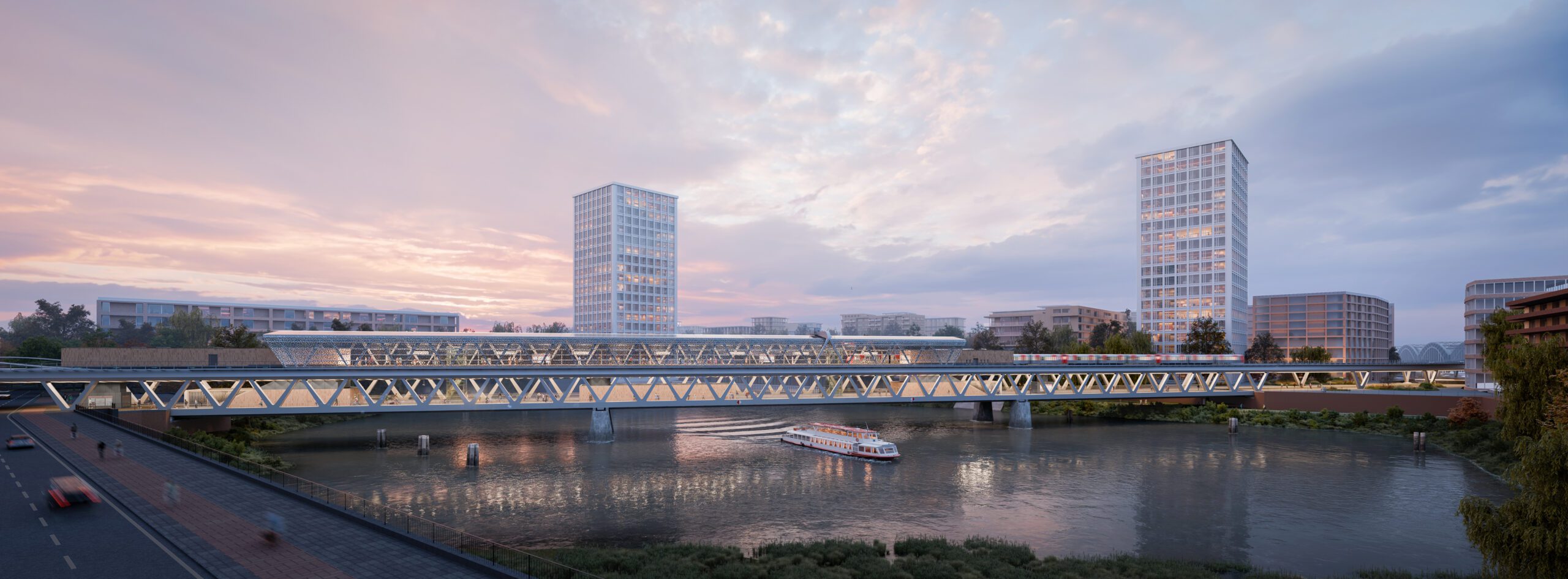 Visualisierung: U4 Haltestelle Moldauhafen von außen mit Hochhäusern im Hintergrund