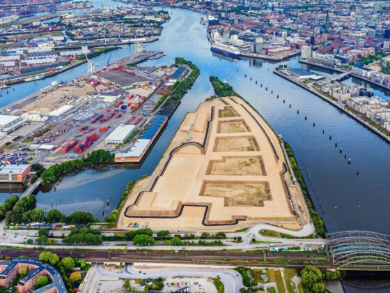 Luftbild Grasbrook und Veddel mit Baugebieten, Brücken und Schienen.