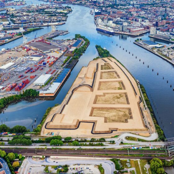 Luftbild Grasbrook und Veddel mit Baugebieten, Brücken und Schienen.