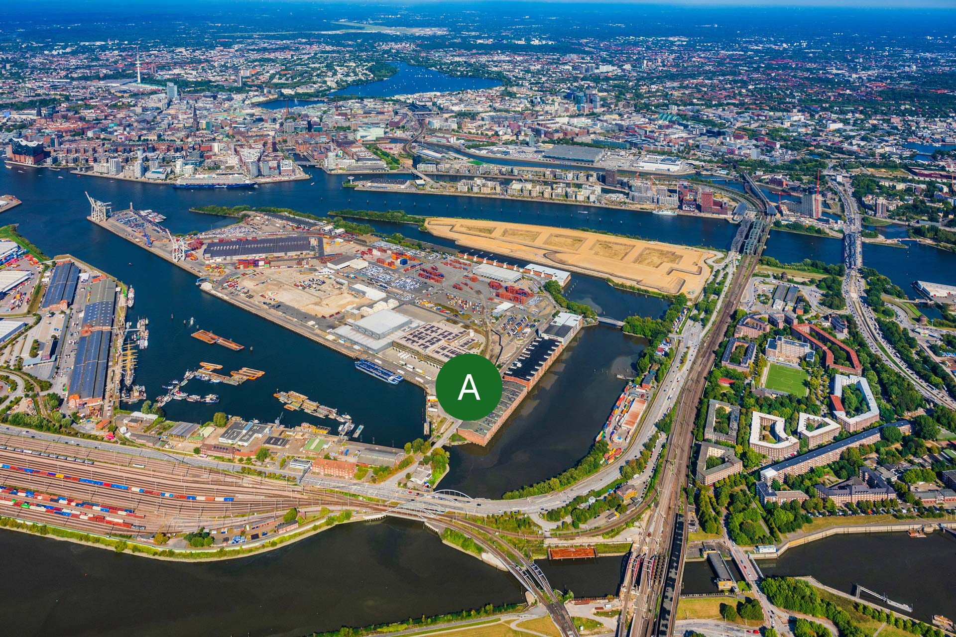 Luftaufnahme Grasbrook mit Markierung der neuen Zufahrt zum Terminal O’Swaldkai.