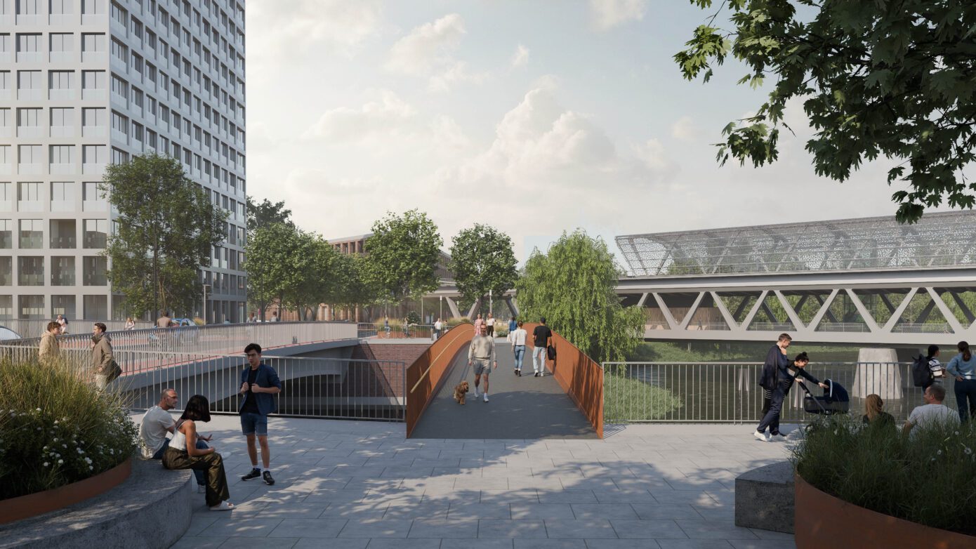 Rendering einer Brücke, Menschen laufen darüber.