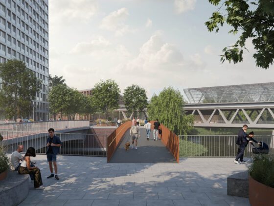 Rendering einer Brücke, Menschen laufen darüber.