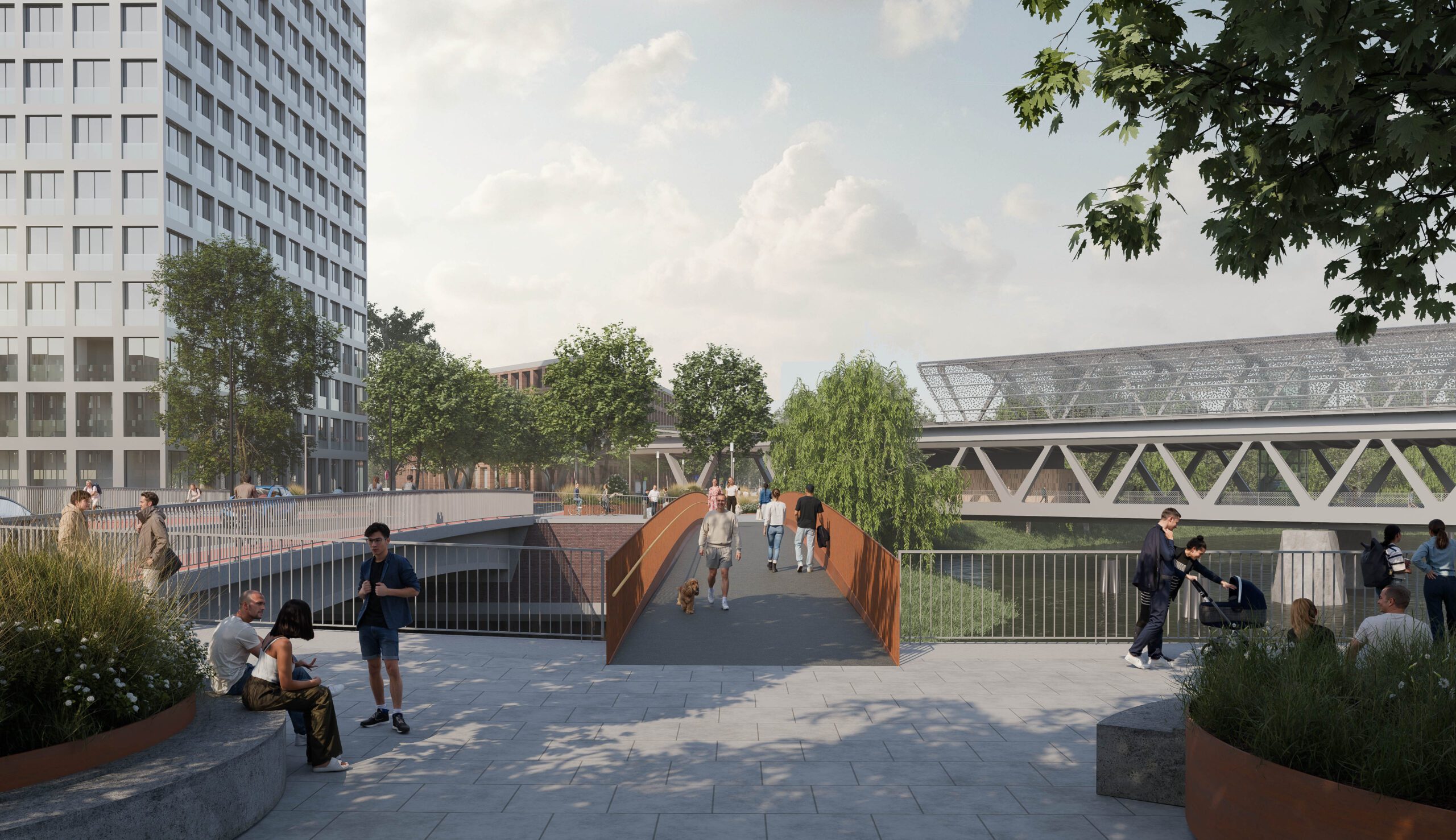 Rendering einer Brücke, Menschen laufen darüber.