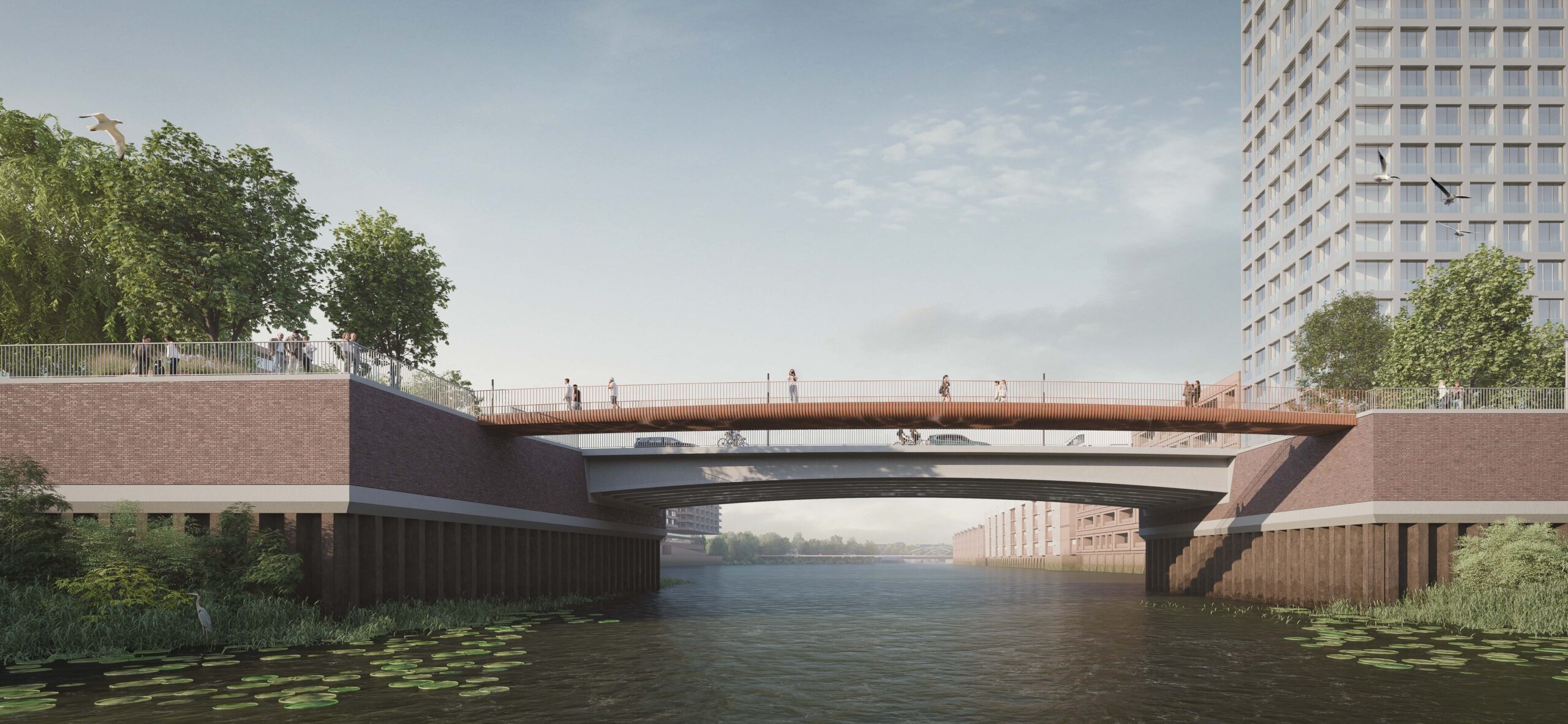 Renderin einer Brücke, Menschen laufen darüber