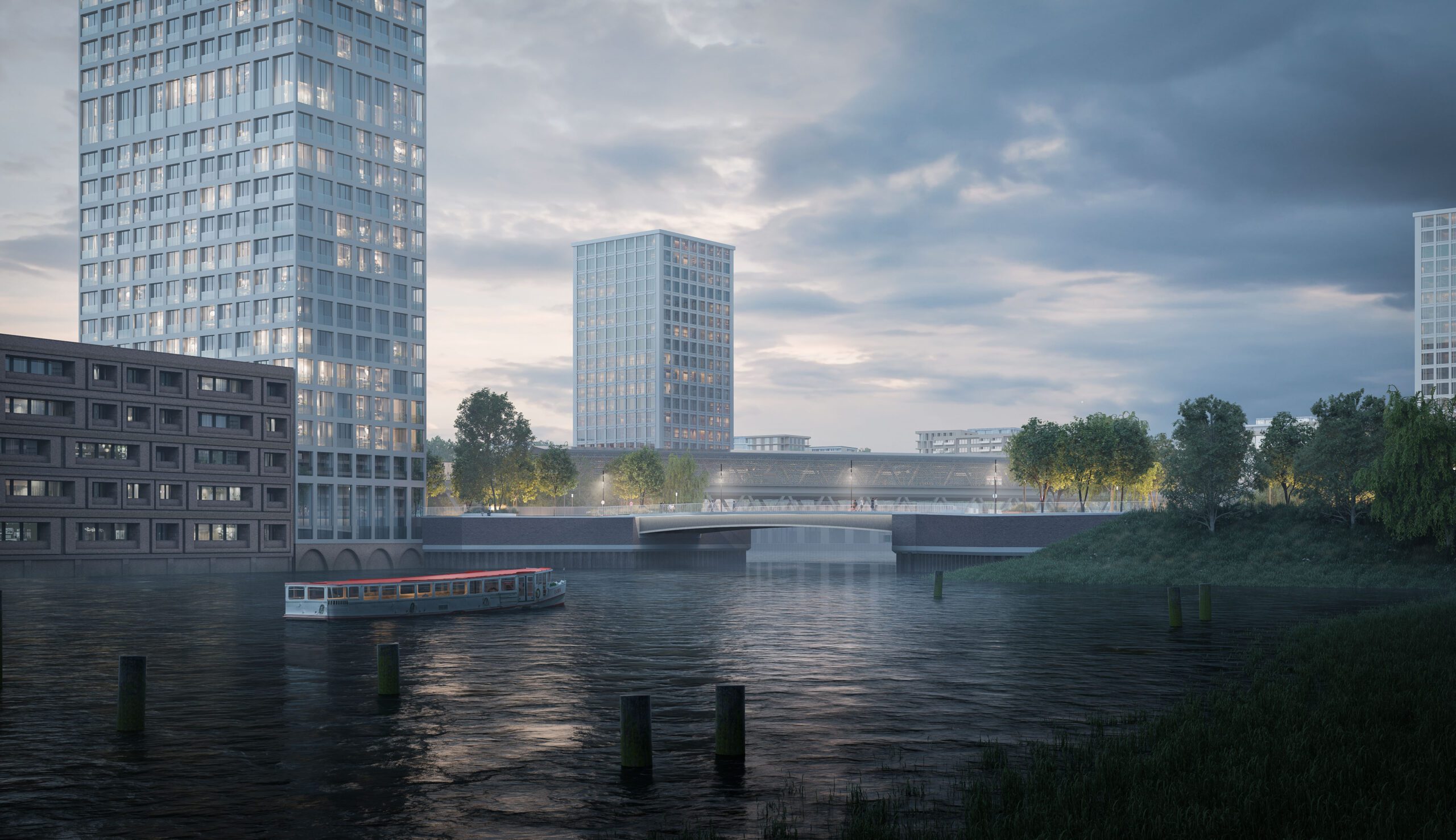 Rendering einer Brücke über einen Kanal, ein Boot fährt übers Wasser